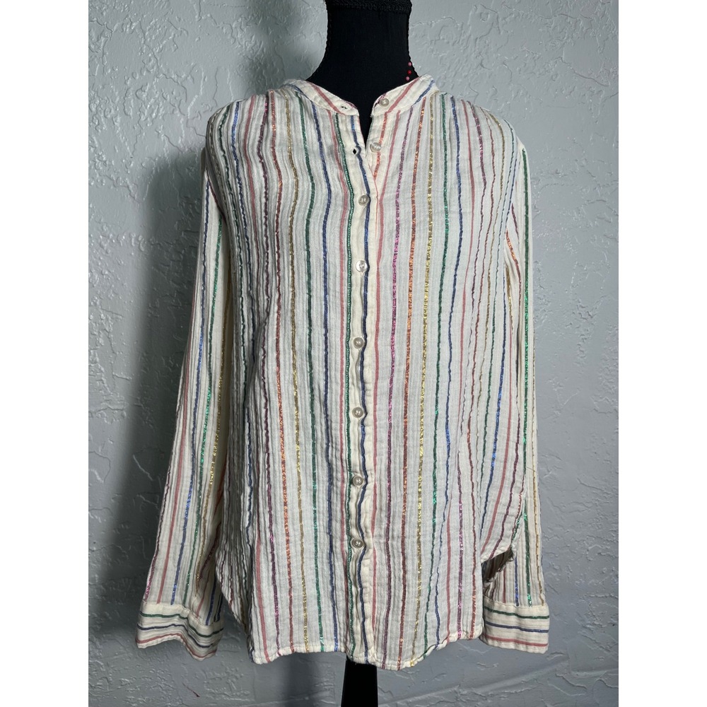 GAP Crinkle Gauze Striped Button Down Shirt M Metallic Boho